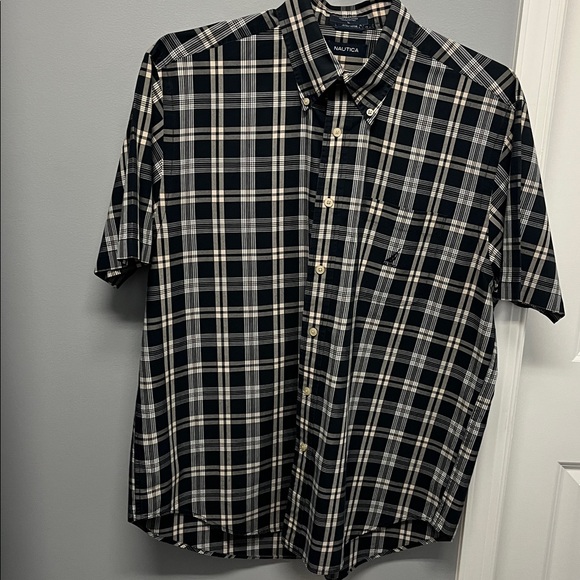 Nautica Black and Cream Plaid Short Sleeved Shirt - Picture 1 of 6